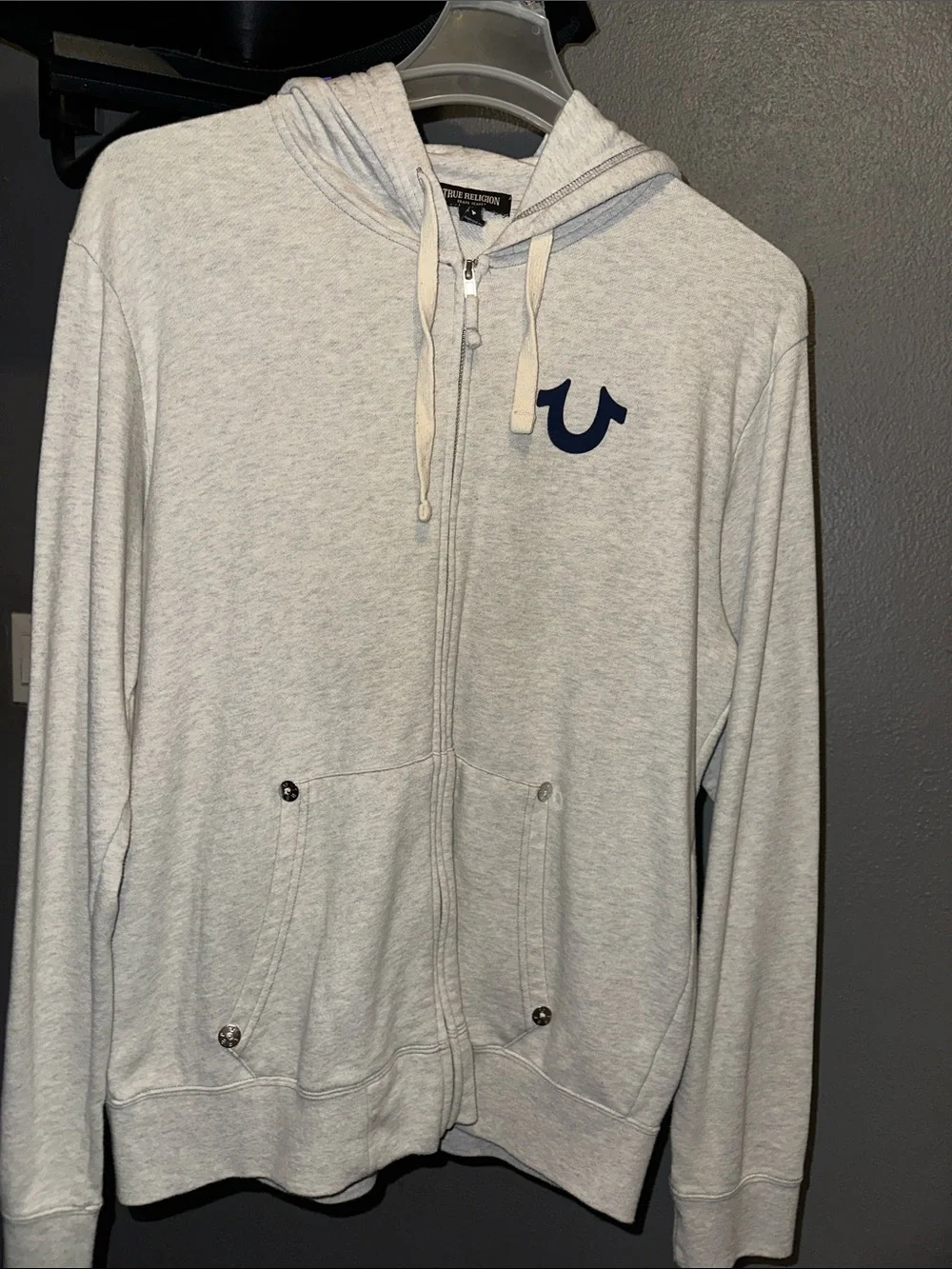 True Religion Heather Gray Zip Hoodie with Navy Horseshoe